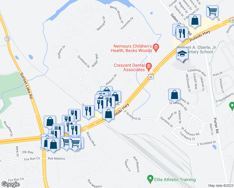 map of restaurants, bars, coffee shops, grocery stores, and more near Ashkirk Drive in Newark
