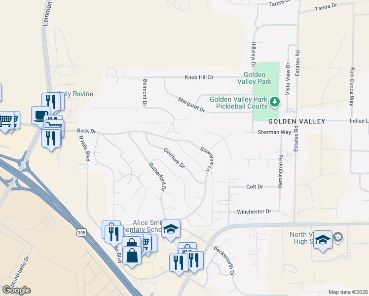 map of restaurants, bars, coffee shops, grocery stores, and more near 7450 Souverain Lane in Reno
