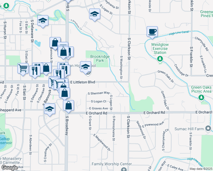 map of restaurants, bars, coffee shops, grocery stores, and more near 5710 South Pennsylvania Street in Centennial