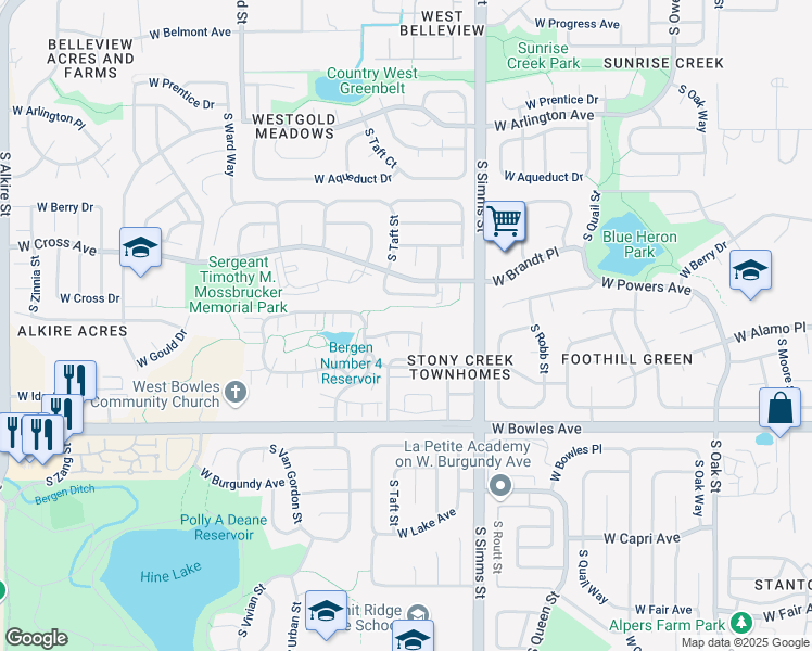 map of restaurants, bars, coffee shops, grocery stores, and more near 11868 West Cross Drive in Littleton
