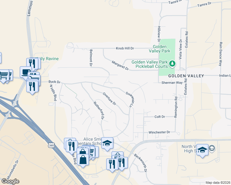 map of restaurants, bars, coffee shops, grocery stores, and more near 7450 Souverain Lane in Reno