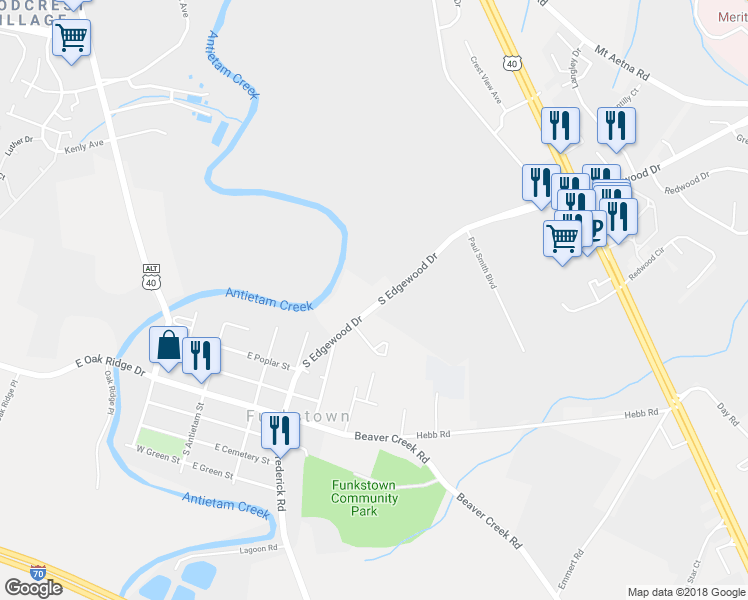 map of restaurants, bars, coffee shops, grocery stores, and more near 395 South Edgewood Drive in Hagerstown