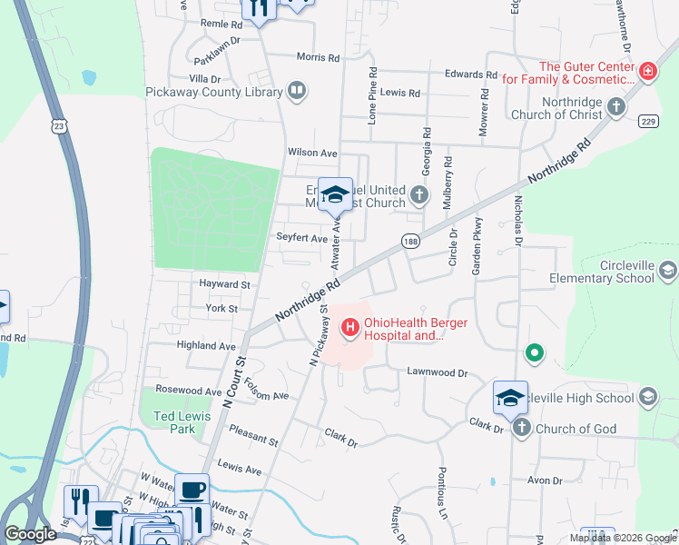 map of restaurants, bars, coffee shops, grocery stores, and more near 831 Pershing Drive in Circleville