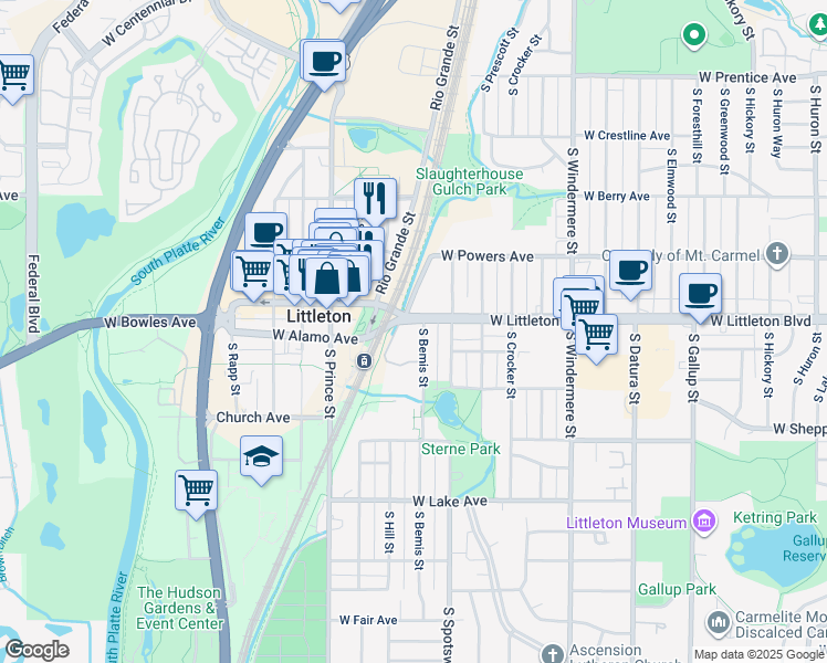 map of restaurants, bars, coffee shops, grocery stores, and more near 2100 West Littleton Boulevard in Littleton