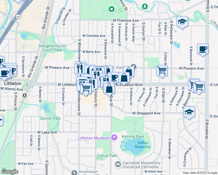 map of restaurants, bars, coffee shops, grocery stores, and more near 1309 West Littleton Boulevard in Littleton