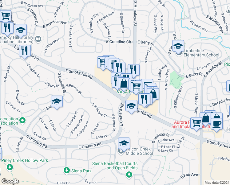 map of restaurants, bars, coffee shops, grocery stores, and more near 19711 East Smoky Hill Road in Aurora