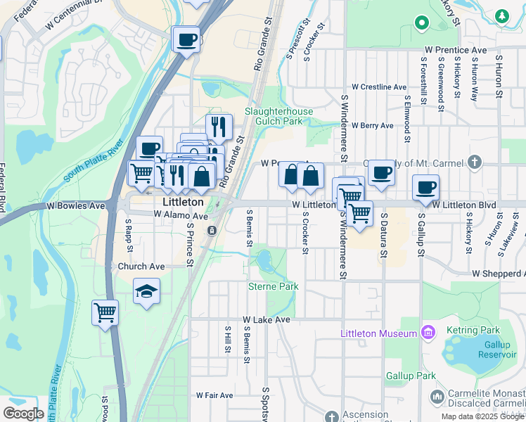 map of restaurants, bars, coffee shops, grocery stores, and more near 2000 West Littleton Boulevard in Littleton