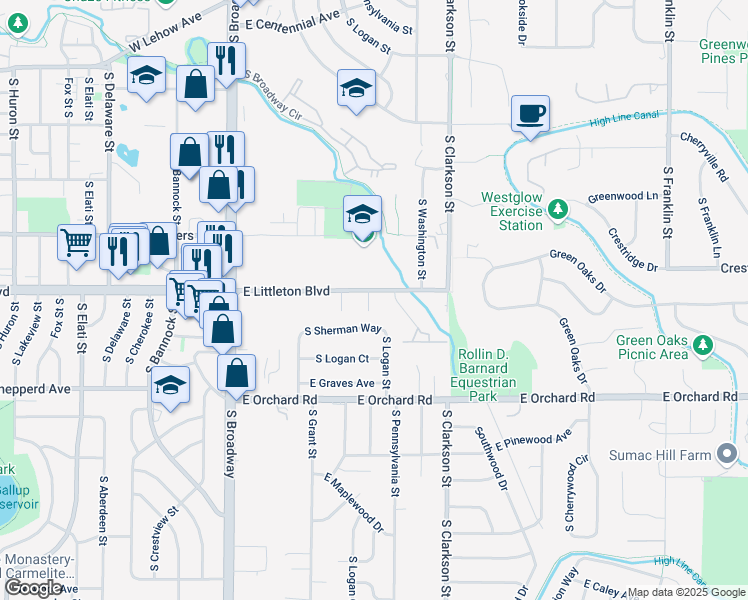 map of restaurants, bars, coffee shops, grocery stores, and more near 5710 South Pennsylvania Street in Centennial
