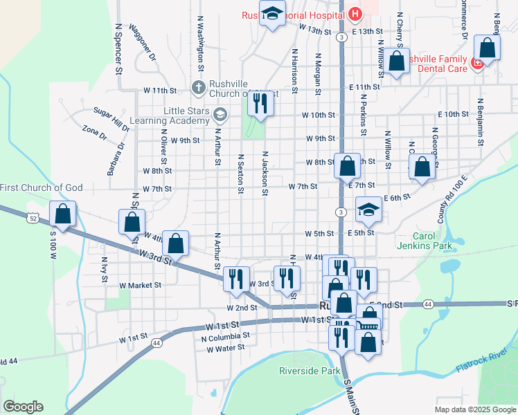 map of restaurants, bars, coffee shops, grocery stores, and more near 632 North Sexton Street in Rushville