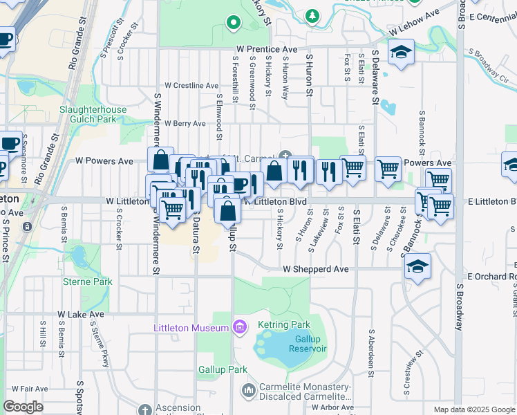map of restaurants, bars, coffee shops, grocery stores, and more near 1059 West Littleton Boulevard in Littleton