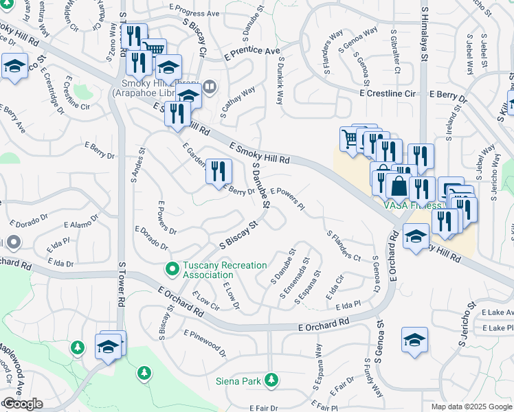 map of restaurants, bars, coffee shops, grocery stores, and more near in Aurora