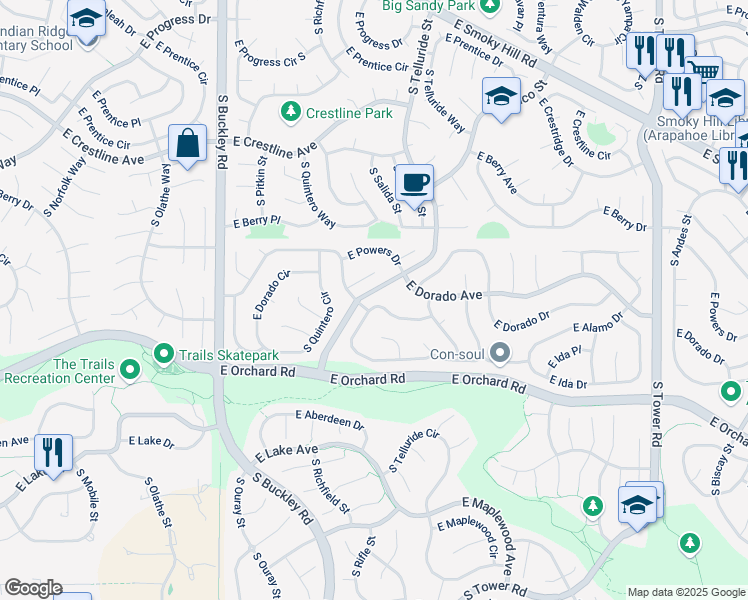 map of restaurants, bars, coffee shops, grocery stores, and more near 5678 South Rifle Court in Centennial