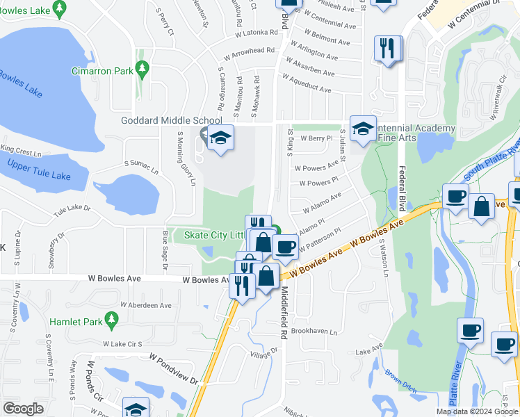 map of restaurants, bars, coffee shops, grocery stores, and more near 5851 South Lowell Boulevard in Littleton