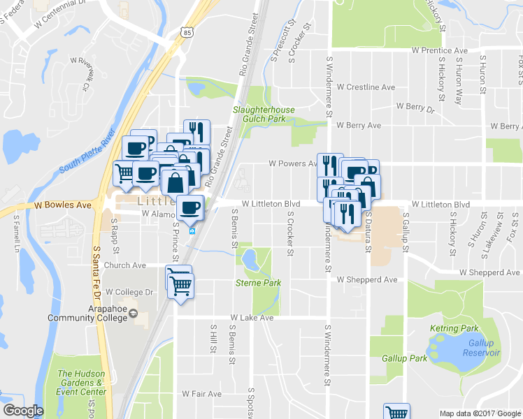 map of restaurants, bars, coffee shops, grocery stores, and more near 1950 West Littleton Boulevard in Littleton