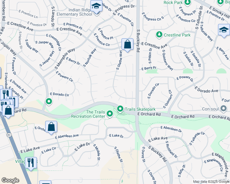 map of restaurants, bars, coffee shops, grocery stores, and more near 22489 East Alamo Place in Centennial