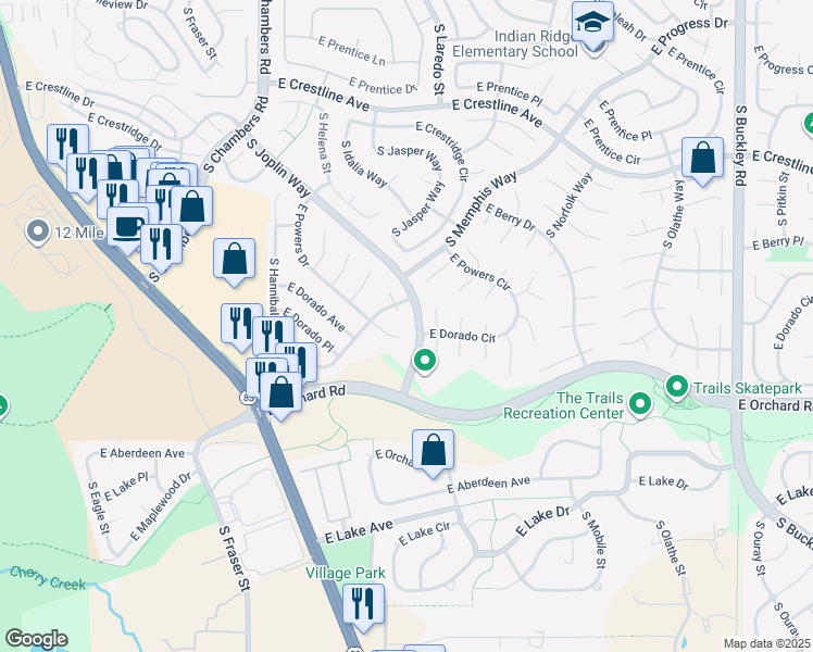 map of restaurants, bars, coffee shops, grocery stores, and more near in Centennial