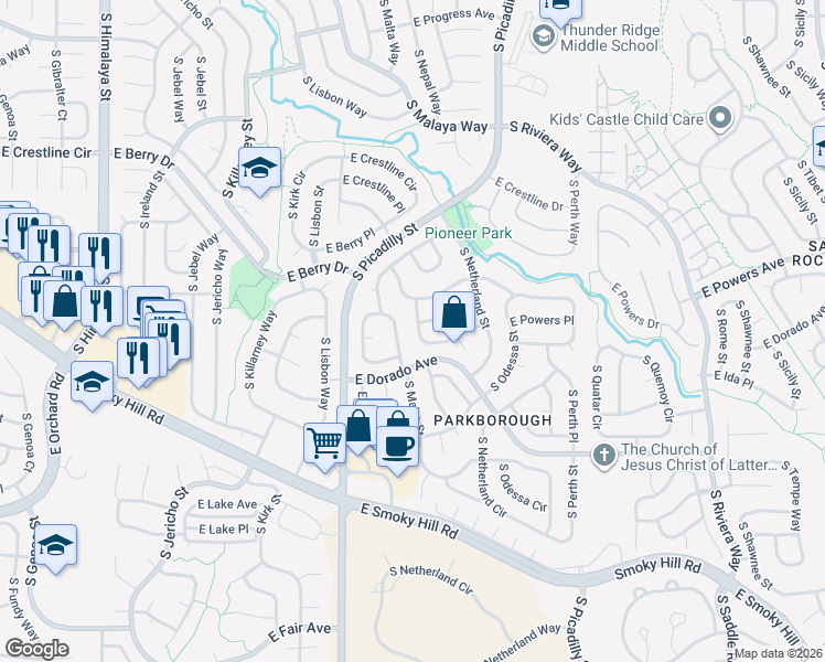 map of restaurants, bars, coffee shops, grocery stores, and more near 5627 South Nepal Way in Centennial