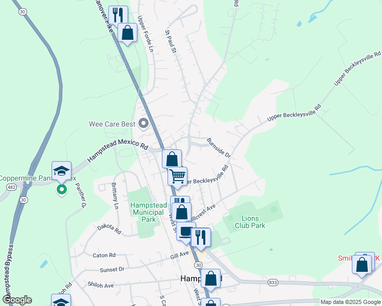 map of restaurants, bars, coffee shops, grocery stores, and more near 1419 Popes Creek Drive in Hampstead