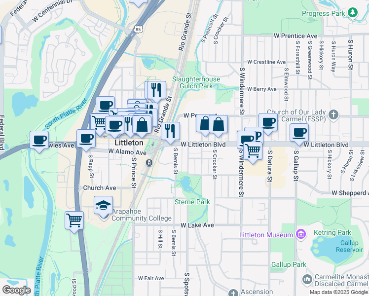 map of restaurants, bars, coffee shops, grocery stores, and more near 2000 West Littleton Boulevard in Littleton
