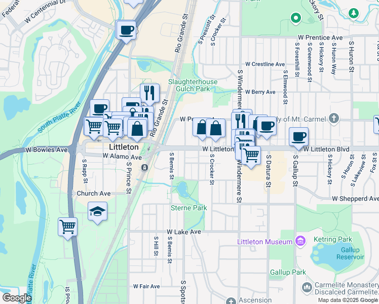 map of restaurants, bars, coffee shops, grocery stores, and more near 1901 West Littleton Boulevard in Littleton