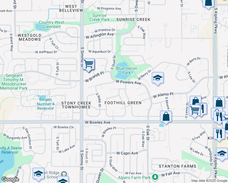 map of restaurants, bars, coffee shops, grocery stores, and more near 11161 West Powers Place in Littleton
