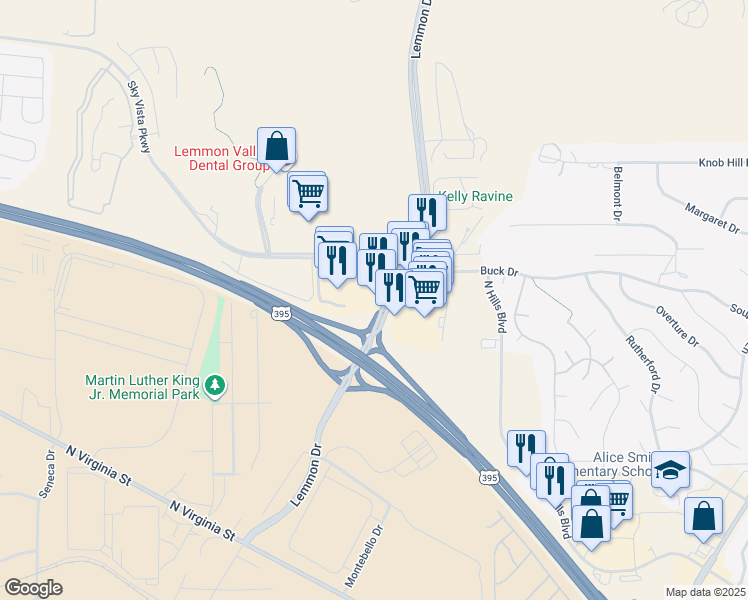 map of restaurants, bars, coffee shops, grocery stores, and more near 185 Lemmon Drive in Reno