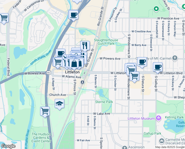map of restaurants, bars, coffee shops, grocery stores, and more near 2120 South Bemis Street in Littleton