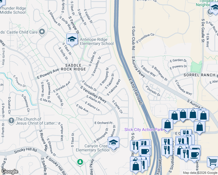 map of restaurants, bars, coffee shops, grocery stores, and more near 5582 South Yakima Street in Aurora