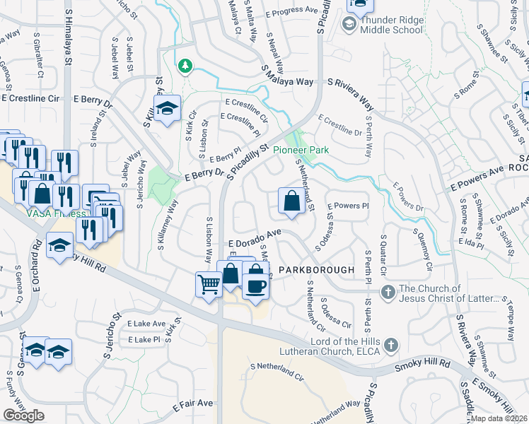 map of restaurants, bars, coffee shops, grocery stores, and more near 5627 South Nepal Way in Centennial