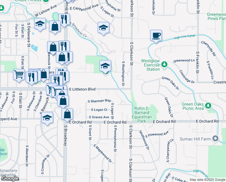 map of restaurants, bars, coffee shops, grocery stores, and more near 5710 South Pennsylvania Street in Centennial