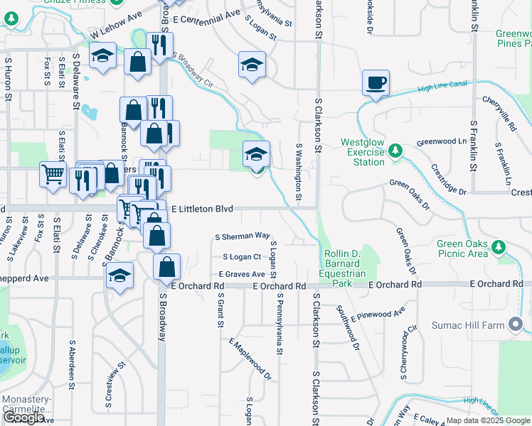 map of restaurants, bars, coffee shops, grocery stores, and more near 5710 South Pennsylvania Street in Centennial