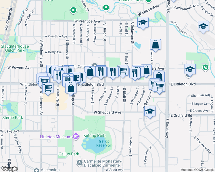 map of restaurants, bars, coffee shops, grocery stores, and more near 799 West Littleton Boulevard in Littleton