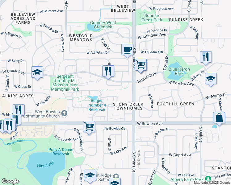 map of restaurants, bars, coffee shops, grocery stores, and more near 11868 West Cross Drive in Littleton