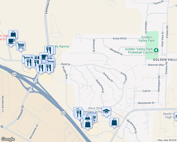 map of restaurants, bars, coffee shops, grocery stores, and more near 7384 Rutherford Drive in Reno