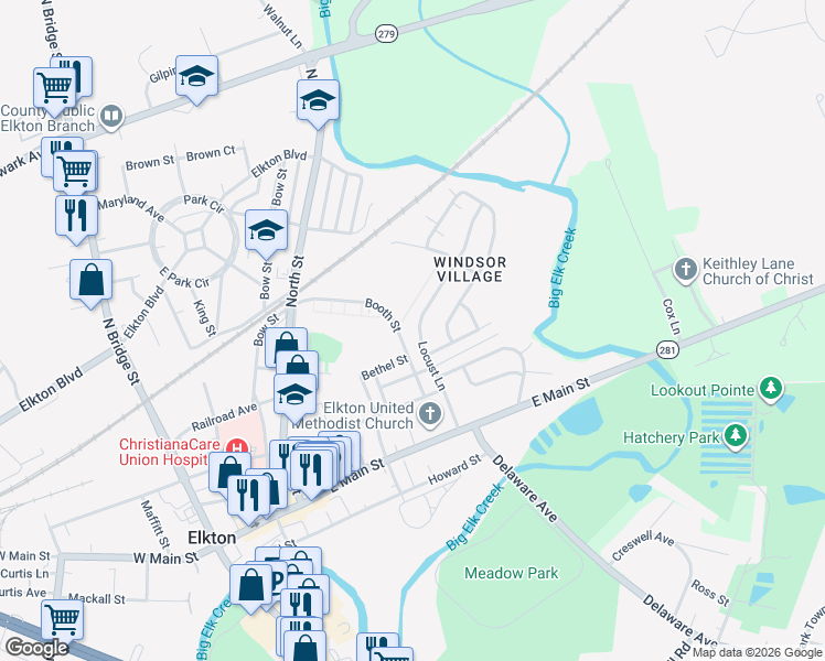 map of restaurants, bars, coffee shops, grocery stores, and more near 210 Locust Lane in Elkton