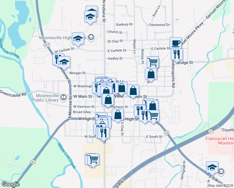 map of restaurants, bars, coffee shops, grocery stores, and more near 53 East Washington Street in Mooresville