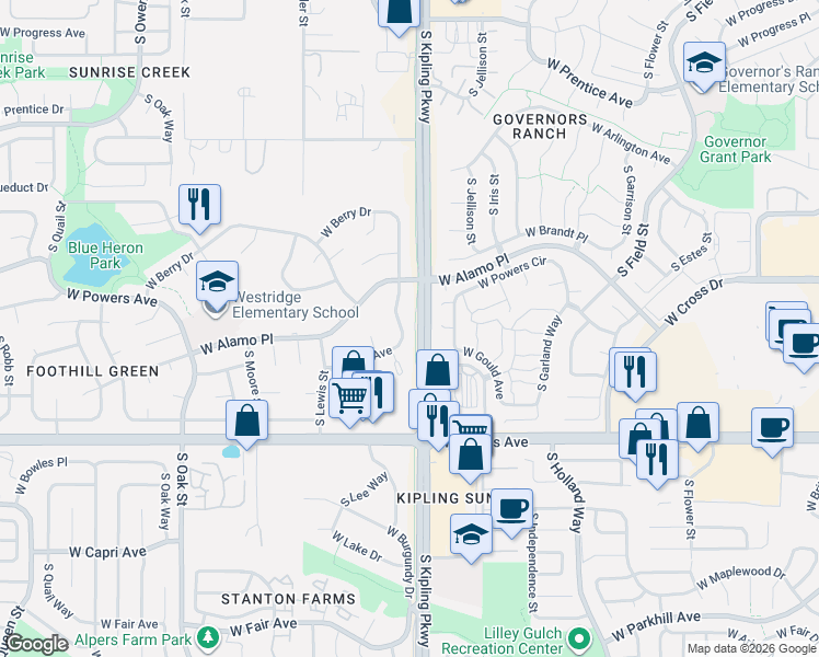 map of restaurants, bars, coffee shops, grocery stores, and more near 5784 South Kline Street in Littleton