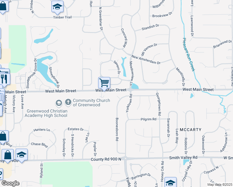 map of restaurants, bars, coffee shops, grocery stores, and more near 1259 Boonesboro Court in Greenwood