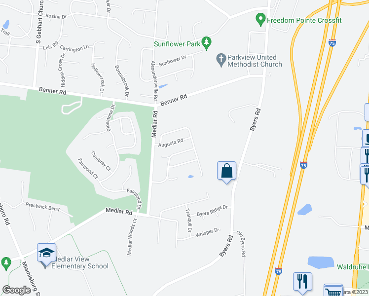 map of restaurants, bars, coffee shops, grocery stores, and more near 9235 Sawgrass Drive in Miamisburg