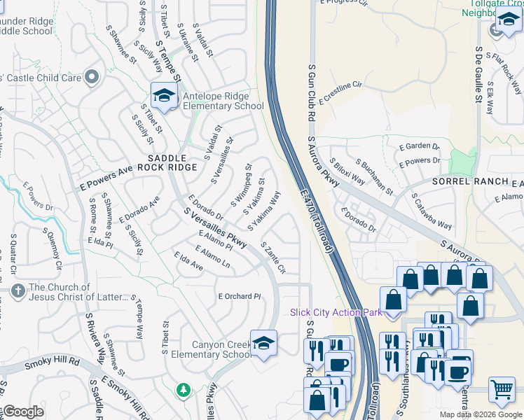 map of restaurants, bars, coffee shops, grocery stores, and more near 5661 South Yakima Way in Aurora