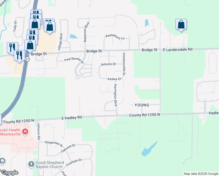 map of restaurants, bars, coffee shops, grocery stores, and more near 106 Elderbury Court in Mooresville