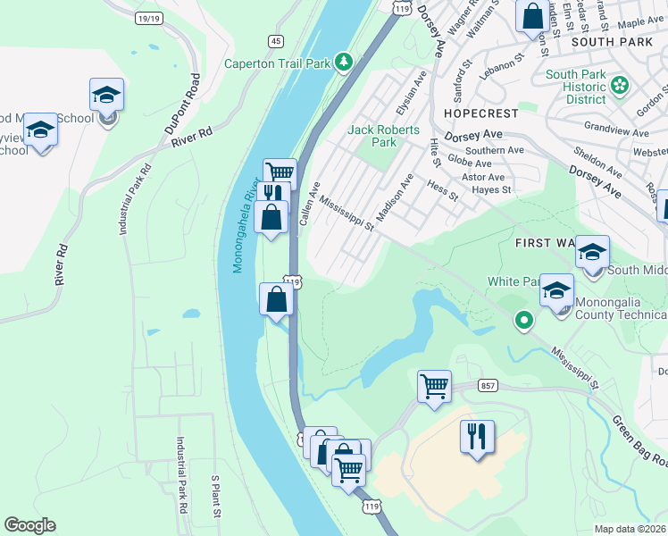 map of restaurants, bars, coffee shops, grocery stores, and more near 817 Elysian Ave in Morgantown