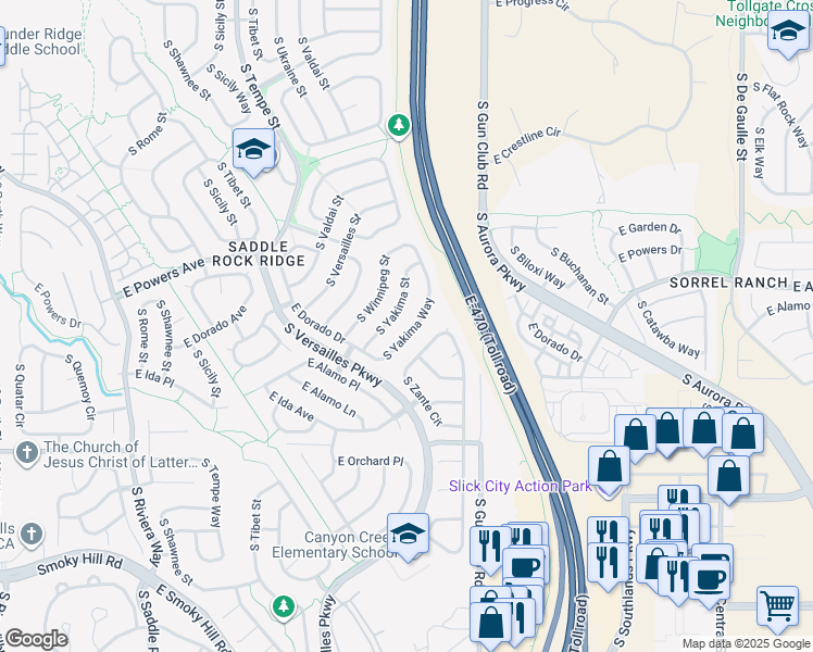 map of restaurants, bars, coffee shops, grocery stores, and more near 5582 South Yakima Street in Aurora