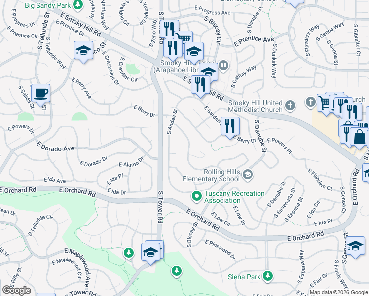 map of restaurants, bars, coffee shops, grocery stores, and more near 18670 East Powers Drive in Aurora