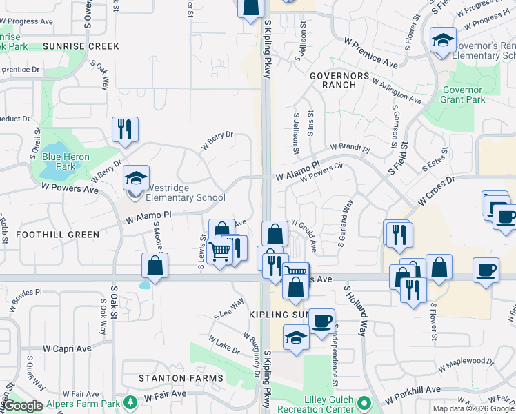 map of restaurants, bars, coffee shops, grocery stores, and more near 5784 South Kline Street in Littleton
