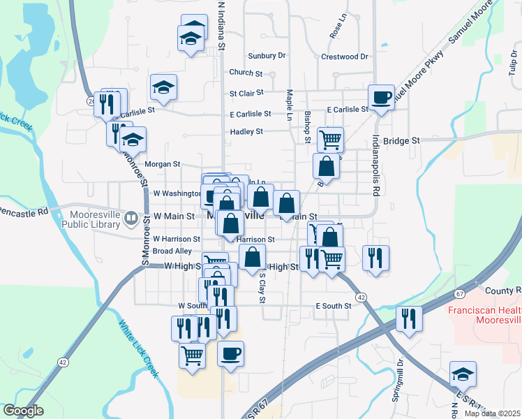 map of restaurants, bars, coffee shops, grocery stores, and more near 53 East Washington Street in Mooresville
