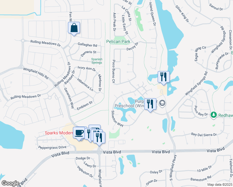 map of restaurants, bars, coffee shops, grocery stores, and more near 6515 Blushing Court in Sparks