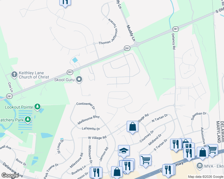 map of restaurants, bars, coffee shops, grocery stores, and more near 416 Gray Mount Circle in Elkton