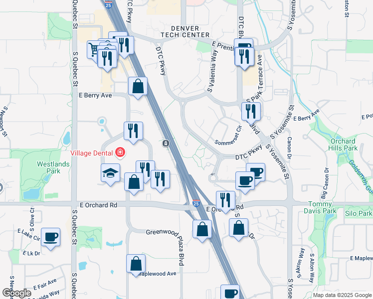 map of restaurants, bars, coffee shops, grocery stores, and more near 5613 DTC Parkway in Greenwood Village