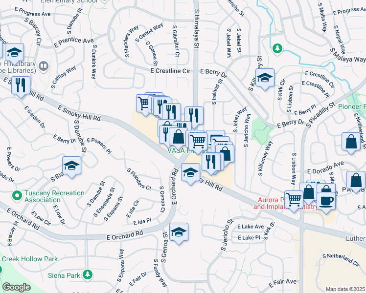 map of restaurants, bars, coffee shops, grocery stores, and more near 5697 South Himalaya Street in Aurora